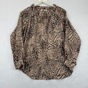 Rebecca‎ Taylor Size 2 Silk Leopard Tiger Print Long Sleeve Tie Neck Blouse READ
